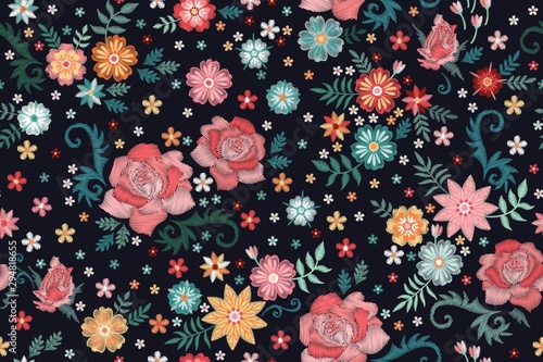 Embroidery seamless pattern with beautiful flowers. Floral embroidered orname...