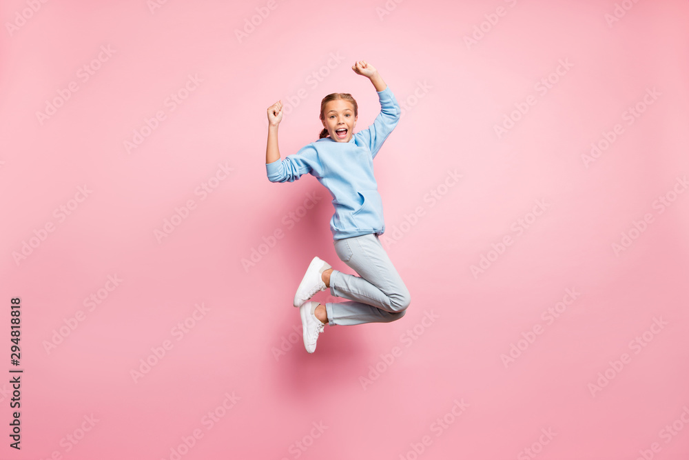 Full length body size side profile photo of excited cheerful ecstatic crazy girlfriend shouting all about her victory expressing emotions isolated over pastel color background