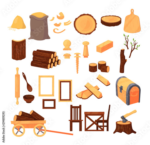 Products wood industry - wood kitchen utensils, wooden furniture, cutting board, chest, table with chairs, picture frames, cutlery cartoon vector illustration isolated