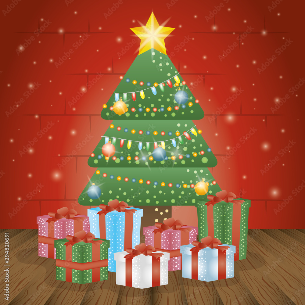 merry christmas card with pine tree and gifts