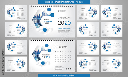 Desk Calendar 2020 template - 12 months included - A5 Size