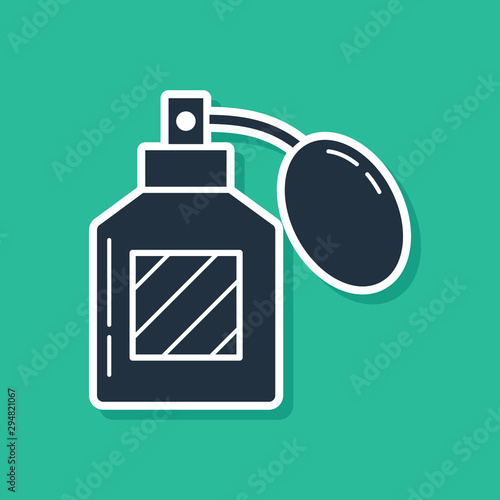 Blue Aftershave icon isolated on green background. Cologne spray icon. Male perfume bottle. Vector Illustration