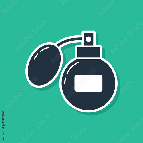 Blue Aftershave icon isolated on green background. Cologne spray icon. Male perfume bottle. Vector Illustration