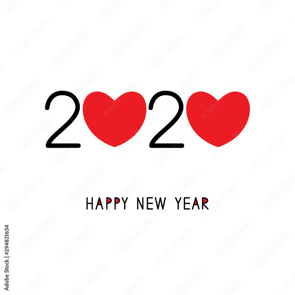 Happy New Year 2020. Red hearts.