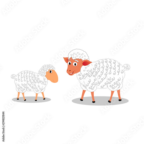 White Mother Sheep and Baby Sheep - Cartoon Vector Image