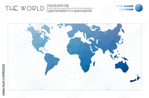 Low poly world map. Guyou hemisphere-in-a-square projection of the world. Blue Shades colored polygons. Energetic vector illustration.