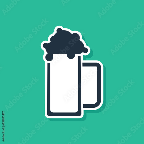 Blue Glass of beer icon isolated on green background. Vector Illustration