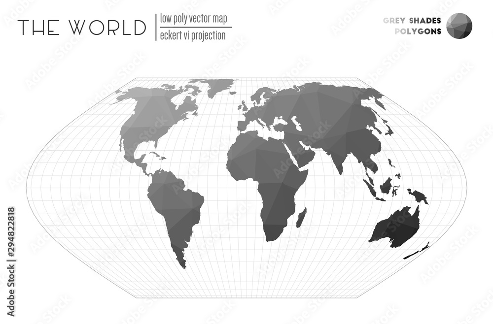 Low poly world map. Eckert VI projection of the world. Grey shades colored polygons. Stylish vector illustration. Low poly world map. Eckert VI projection of the world. Grey shades colored polygons. Stylish vector illustration.