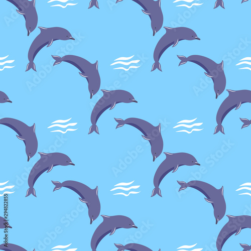Seamless pattern with cute cartoon style icon of bottlenose dolphin.