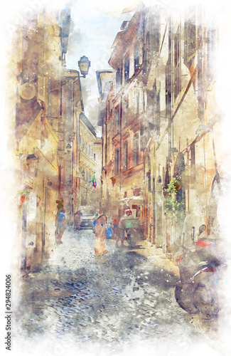 Digital illustration in watercolor style of narrow alleys of the old city in the center of Rome