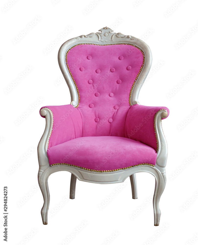 Isolated hot pink armchair with white wooden legs. Vintage glamorous hot pink armchair. Hot pink chair Isolated hot pink armchair with white wooden legs. Vintage glamorous hot pink armchair. Hot pink chair