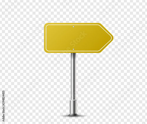 Realistic arrow traffic sign on metal steel pole isolated. Yellow road panel mockup - direction highway, board text, city location, street arrow, stop, danger, warning signage. Vector illustration