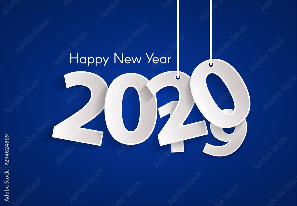 Blue Happy New Year 2020 concept with paper cuted white numbers on ropes. Change year from 2019 to 2020. Origami style numbers. Christmas and Chinese New Year decor. Vector illustration Blue Happy New Year 2020 concept with paper cuted white numbers on ropes. Change year from 2019 to 2020. Origami style numbers. Christmas and Chinese New Year decor. Vector illustration