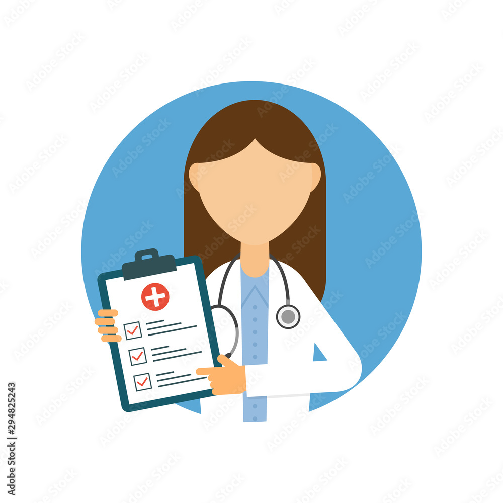 Doctor woman with stethoscope and medical test. Medic icon in flat style. Doctor avatar. Health care services concept. Banner with online doctor diagnosis. Medical examination. Vector illustration Doctor woman with stethoscope and medical test. Medic icon in flat style. Doctor avatar. Health care services concept. Banner with online doctor diagnosis. Medical examination. Vector illustration