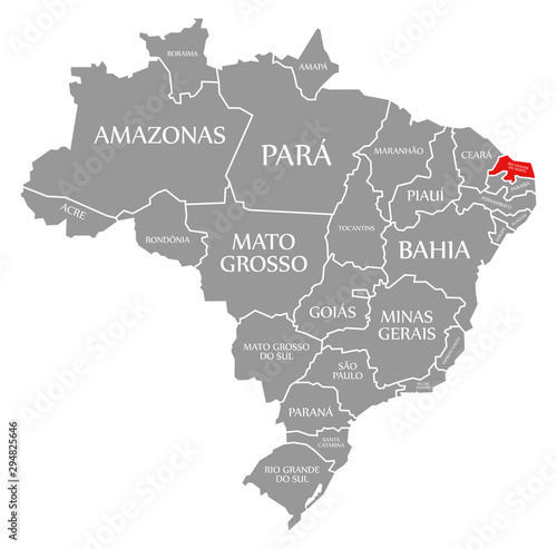Rio Grande do Norte red highlighted in map of Brazil