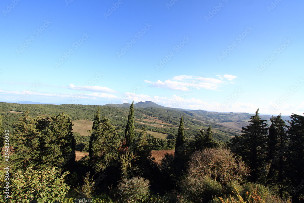 Naklejka premium Sarteano, Italy - October 3, 2016: Panorama of the countryside in the Val D'Orcia resumed from Castiglioncello sul Trinoro
