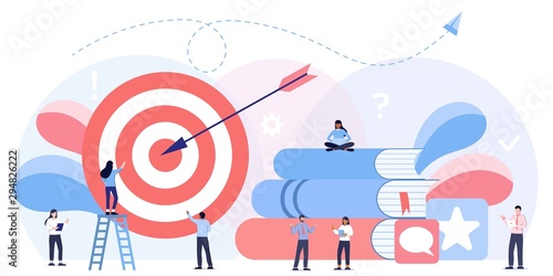 Businessmen working, big target with arrow. Internal marketing, company goals promotion, employee engagement concept. Header or footer banner template. Teamwork, leadership, success, online education