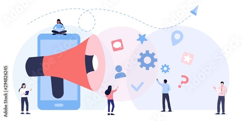 business promotion, call through the horn, online alerting. communication via the Internet, social media networking,chat, video,news,messages,web site, search friends. people talking in group chat