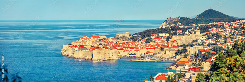 Aerial morning view of Dubrovnik city. Panoramic summer seascape of Adriatic sea, Croatia, Europe. Beautiful world of Mediterranean countries. Traveling concept background.