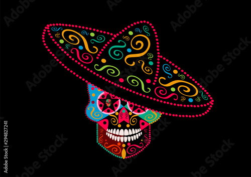 Sugar skull icon with sombrero neon colors background © ralelav