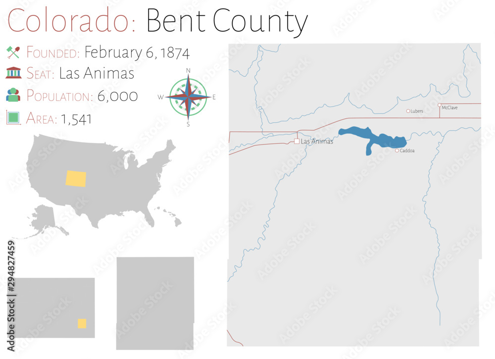 Large and detailed map of Bent county in Colorado, USA