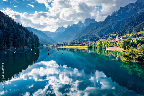Calm morning scene of Santa Caterina lake. Splendid summer view of Auronzo di Cadore / Aulus-les-Bains resort, Province of Belluno, Italy, Europe. Traveling concept background.