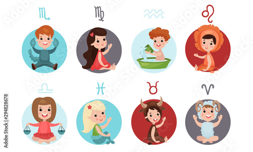 Vector Illustration Icons Set With Zodiac Signs For Kids
