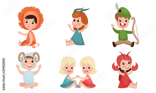 Zodiac Signs By Kids Vector Illustration Icons Set Isolated On White Background