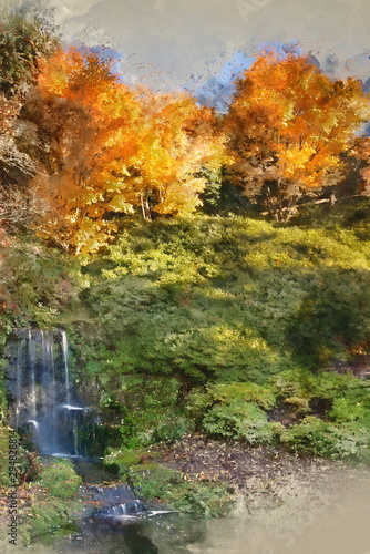 Digital watercolor painting of Stunning vibrant Autumn landscape of waterfall