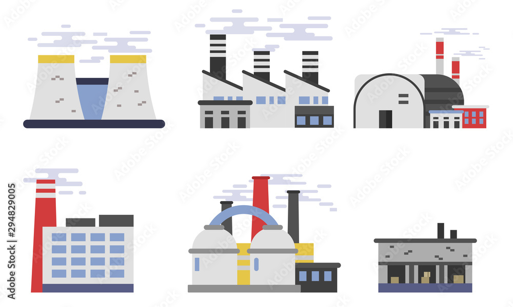 Flat Vector Illustrations Of Industrial Buildings Factories And Plants