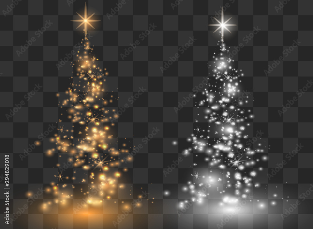 Illumination Lights Shiny Christmas tree Isolated on Transparent Background. White tree as symbol of Happy New Year, Merry Christmas holiday celebration. Bright light decoration design. Vector. - obrazy, fototapety, plakaty 