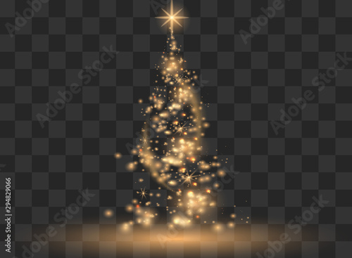 Illumination Lights Shiny Christmas tree Isolated on Transparent Background. White tree as symbol of Happy New Year, Merry Christmas holiday celebration. Bright light decoration design. Vector.