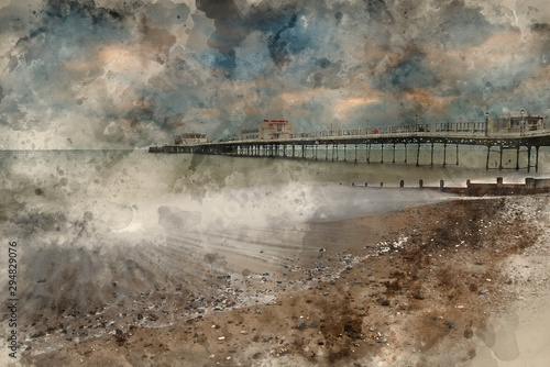 Digital watercolor painting of Beautiful long exposure sunset landscape image of pier at sea in Worthing England