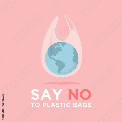 Say no to plastic bags. Ecology conversation. Flat editable vector illustration. Go green concept.Go to zero waste banner. Planet Earth in the White polythene bag on background