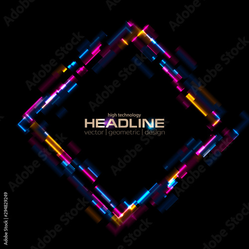 Abstract colorful glowing neon square tech background. Laser glitch effect retro graphic design. Vector illustration