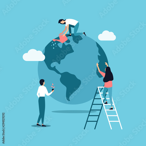Caring for the planet Earth. Ecology. Save the planet. Man and woman holding the planet. little men prepare for the day of the Earth, save the planet, save energy, the concept of the Earth day