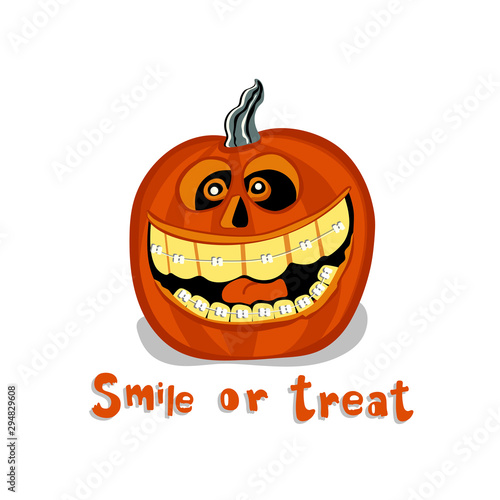 Smile or treat. Halloween. Smiling pumpkin with braces on teeth. Vector illustration.