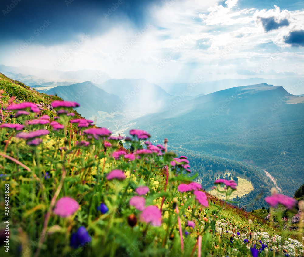 Obraz premium Fantastic summer view of Ortisei village. Dramatic morning scene of Gardena valley, Dolomiti Alps, South Tyrol, Italy, Europe. Beauty of nature concept background.