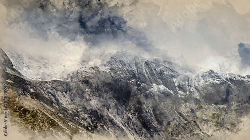 Digital watercolor painting of Stunning dramatic landscape image of snowcapped Glyders mountain range in Snowdonia