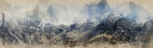Digital watercolor painting of Stunning dramatic panoramic landscape image of snowcapped Glyders mountain range in Snowdonia