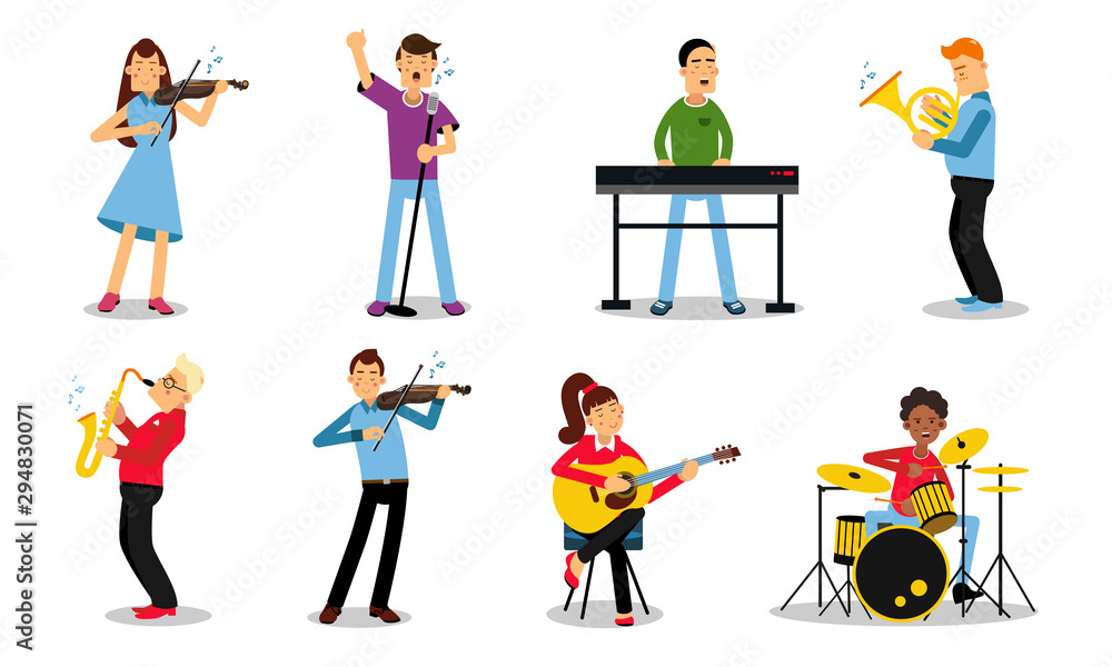 Illustration Set With Musicians Playing Different Instruments Isolated On White Backround