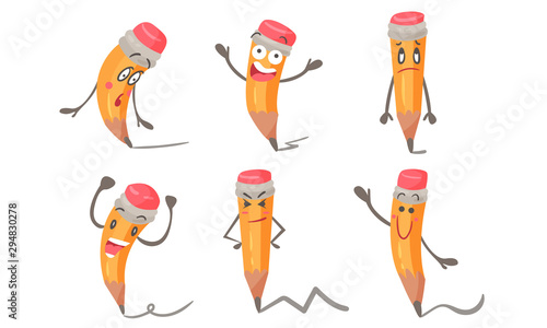 Pen With Different Emotions In Cartoon Style Vector Illustrations Set