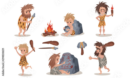 Cartoon Neolithic People Characters Vector Illustration Isolated On White Background