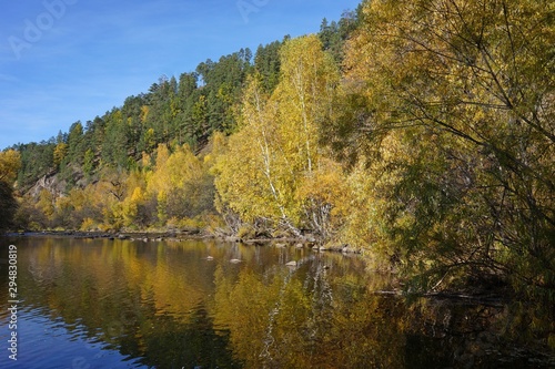Pictures of the autumn forest, river, hills, sky.