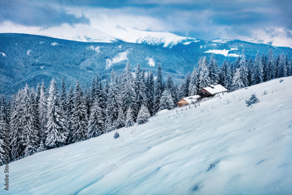 Fototapeta premium Snowy winter morning in abandoned mountain village. Frosty outdoor scene of Carpathian mountains. Beauty of nature concept background.