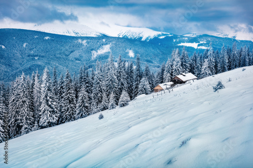 Snowy winter morning in abandoned mountain village. Frosty outdoor scene of Carpathian mountains. Beauty of nature concept background.