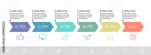 Vector infographic flat template arrows for six diagrams, graph, presentation. Business concept with 6 label. For content, flowchart, step for step, timeline, levels, marketing, data visualization photo