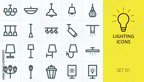 Lightning icons set. Set of loft track spots, metal pendants, wall sconce, floor lamp, torchere, lightbox, back light, ceiling chandelier, street lights isolated vector icons