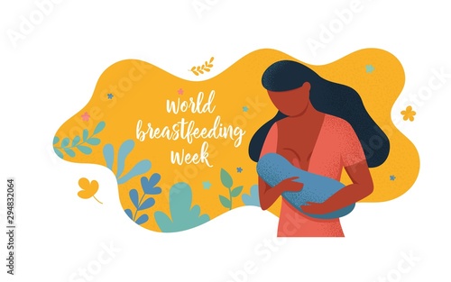 World Breastfeeding Week, 1-7 August. Afro woman breastfeeding her newborn baby holding and nursing him in hands. Lactation. banner, mother day clip art. Child drinks milk from the female breast