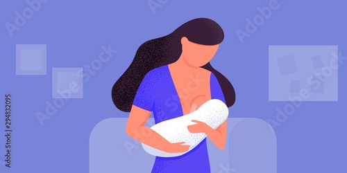woman breastfeeding her newborn baby holding in hands in nursery room. Lactation. Breast feeding week, happy mother day clip art. Child drinks milk from the female breast. A children's room. Night
